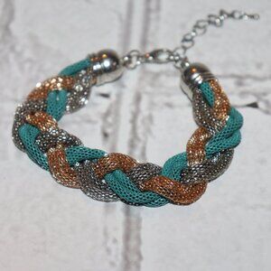 Beautiful silver, gold and turquoise blue braided bracelet 8-9.5"